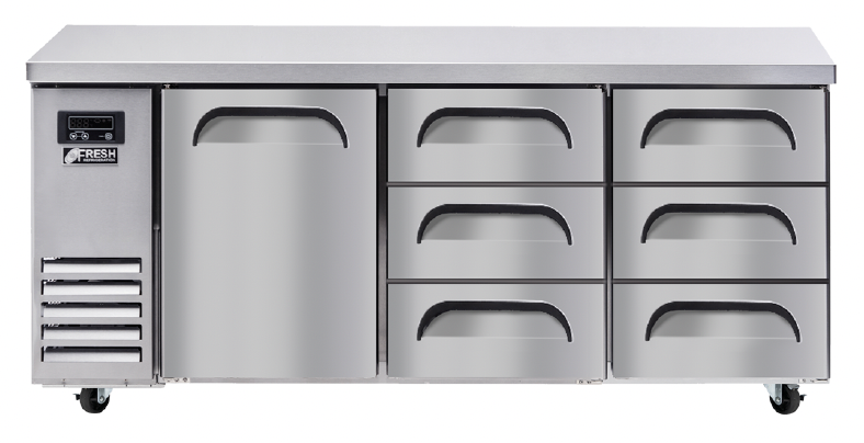 FDU-18-SDD(Solid Door, Drawers, Drawers) FRESH Underbench 1800mm Fridge 1 Door 6 Drawers, model FDU-18-DDS (Drawers,Drawers, Solid door) as option